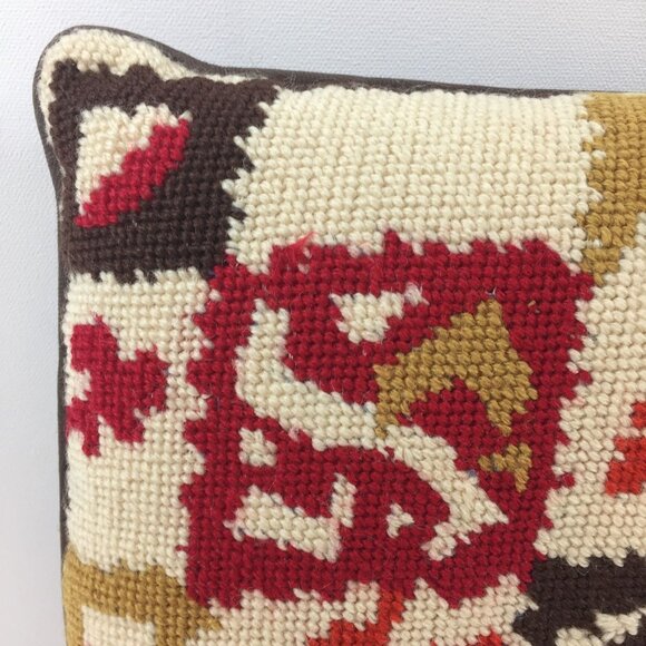 Vintage Handmade Needlepoint Pillow Home Decor Brown Yellow Orange Floral 13" - Picture 2 of 7